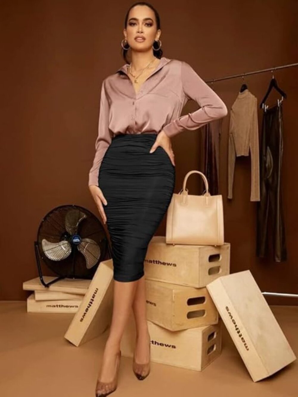 Ruched Bodycon Midi Skirt | Size M | Black High Waist Pencil Skirt